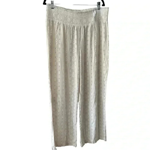 Womens XL Beige Aztec Linen Blend High Waisted Wide Leg Pull On Boho Beach Pants - Picture 1 of 9